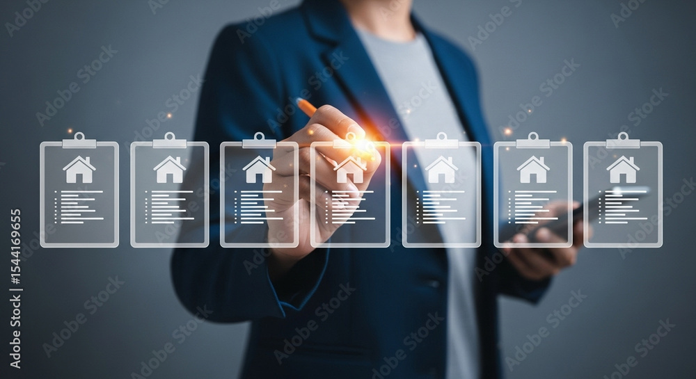 Aufkleber Person in suit interacting with digital house icons and checklists using a digital pen tool