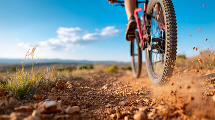 Close-up of mountain bike tire kicking up dirt on rugged trail