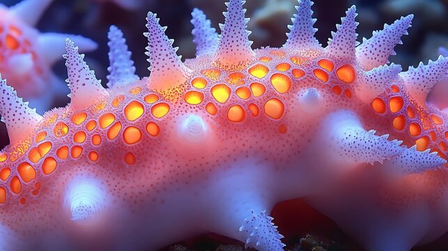 Closeup of a vibrant sea cucumber with textured skin and orange spots.