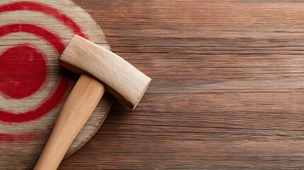 Axe leaning on wooden target board with marks rustic background