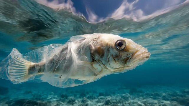A dead fish trapped in a plastic bag floats in clear turquoise waters, a tragic symbol of the devastating impact of plastic pollution on marine life