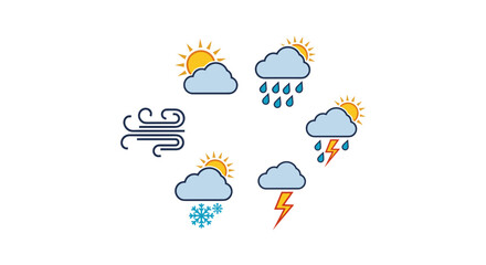 Obraz premium Weather icons showing sun behind cloud rain wind snow and lightning arranged in a circular pattern