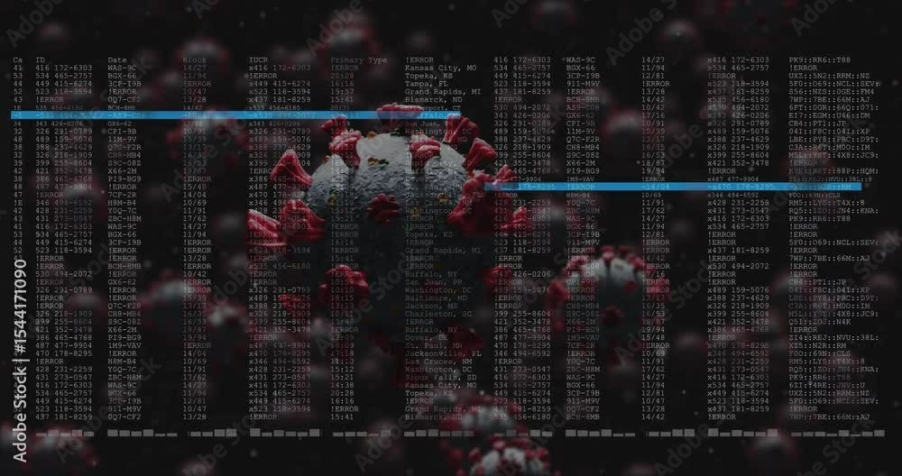 Aufkleber on start central 3d virus rotating while data overlay scanning records with sliding highlight bars