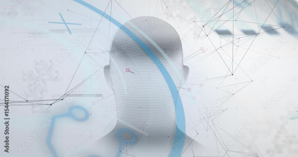 Poster on lines appearing, wireframe head rotating with arc sweeping and nodes attaching to visualize data