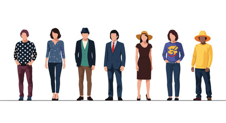 Obraz premium Illustration of seven diverse people standing in a row wearing various styles of clothing and hats
