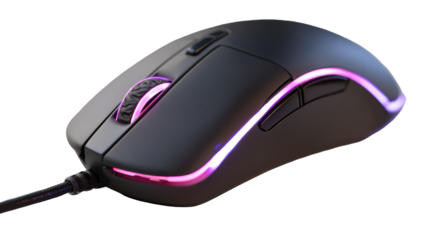 Black and Pink Gaming Mouse with RGB Edge Lighting on Transparent Background

