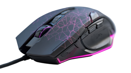 Black and Pink Gaming Mouse with RGB Edge Lighting on Transparent Background

