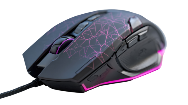 Black and Pink Gaming Mouse with RGB Edge Lighting on Transparent Background

