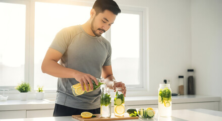 Healthy Asian man making refreshing detox water in a clean, well-lit kitchen