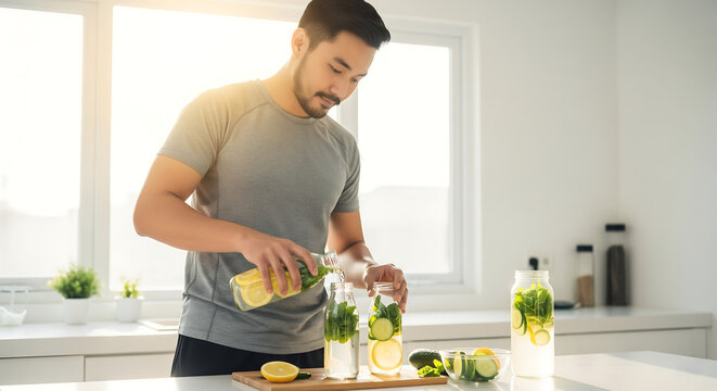 Healthy Asian man making refreshing detox water in a clean, well-lit kitchen - Powered by Adobe