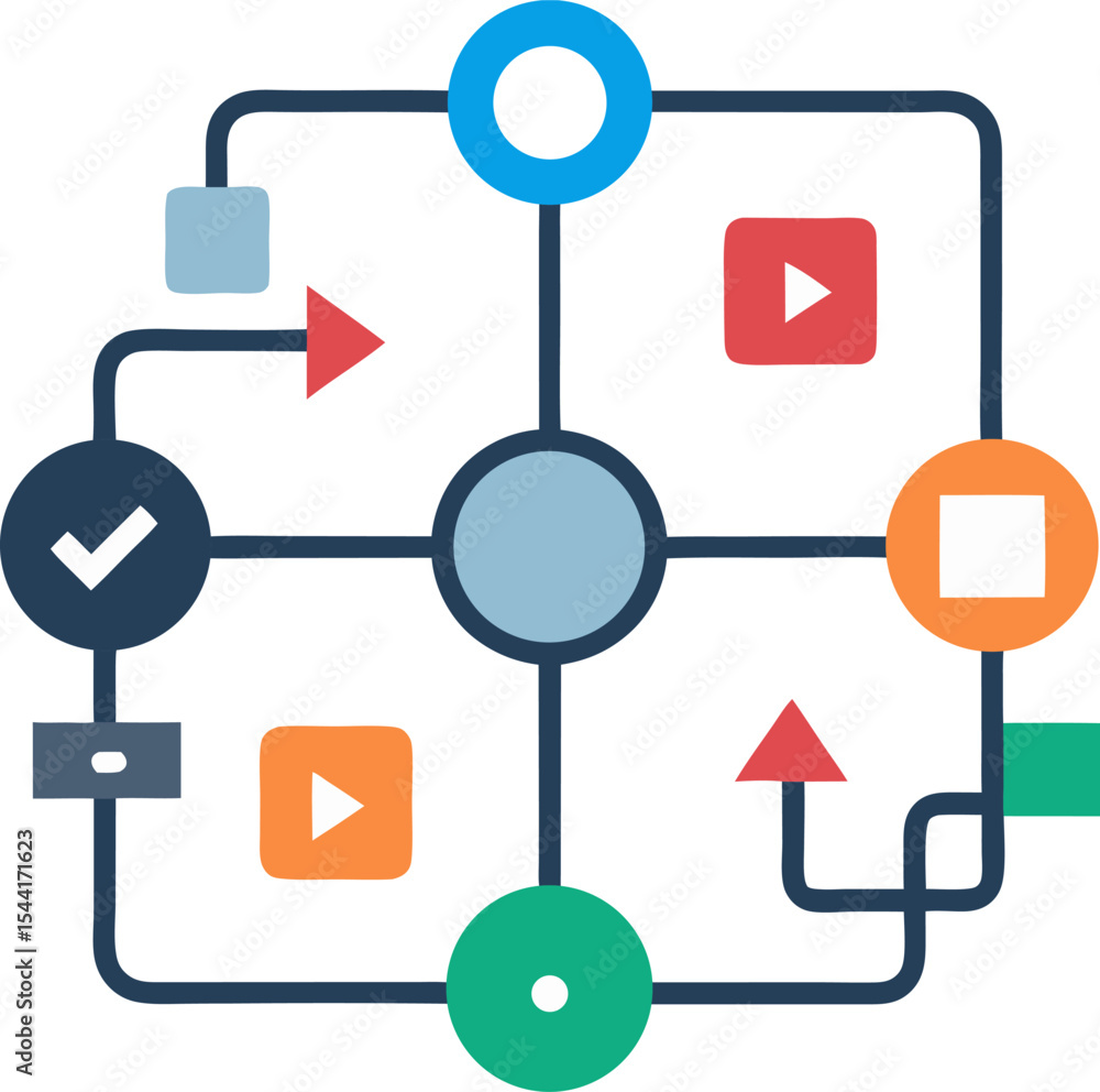Poster process flow diagram: icons connected by curved arrows in duotone palette with white background.