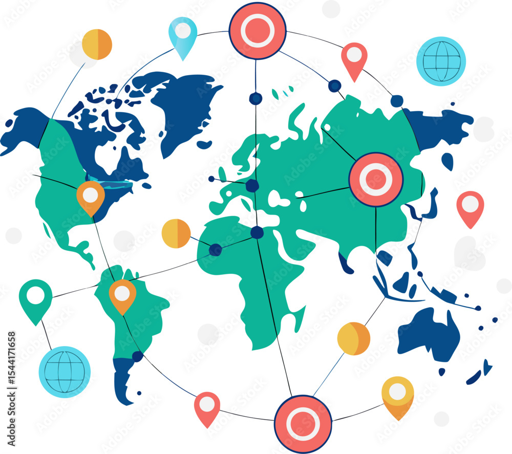 Poster world map data visualization: pinpoint icons with lines to callouts with white background.