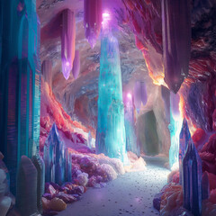 Crystal Cave Fantasy: A magical, vibrant crystal cave with glowing, colorful formations.  A path winds through the breathtaking scene, inviting exploration and wonder.