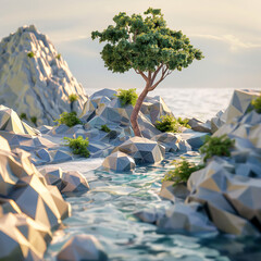 Serene Coastal Sanctuary: A stylized, low-poly rendering showcases a tranquil coastal scene, featuring a solitary tree nestled amongst jagged rocks, with a gentle stream flowing towards the calm sea.