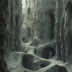 Mysterious Stone Cave: A hauntingly beautiful depiction of a surreal stone cavern with intricate arches and openings, creating an atmosphere of mystery and wonder.