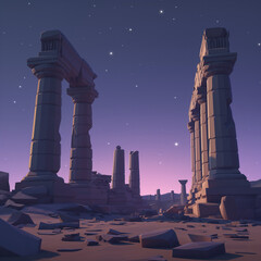 Ancient Ruins Under the Night Sky: Witness the silent grandeur of time-worn ruins, bathed in the soft glow of twilight under a starlit expanse.