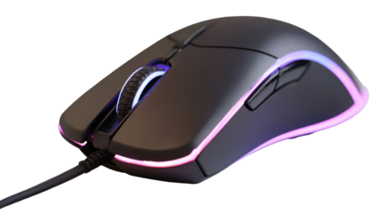 Black and Pink Gaming Mouse with RGB Edge Lighting on Transparent Background

