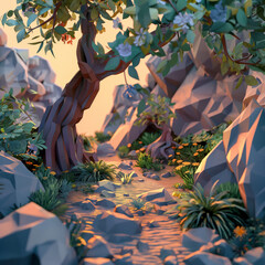Enchanted Forest Path: A stylized rendering of a woodland scene with a winding path beckons viewers deeper into an inviting forest.&#x20;