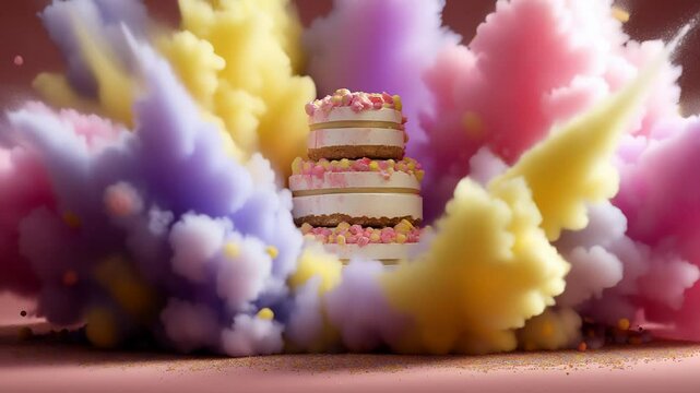 A majestic tiered cake is embraced by a magical explosion of pink, yellow, and lavender powder, creating a scene of grand celebration and whimsical delight