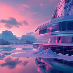 Arctic Modernism: Futuristic architectural marvel nestled amidst a breathtaking arctic landscape, reflecting the vibrant hues of a surreal sunset.