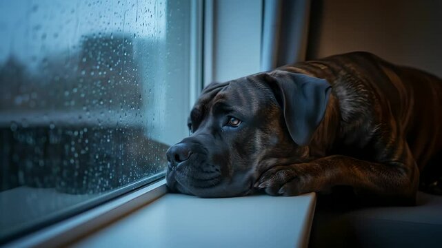 Brindle dog contemplates the rainy day. Melancholy Cane Corso by window. Depicts sadness, pet shelter waiting, canine companion reflecting. Ideal for animal welfare, pet products.