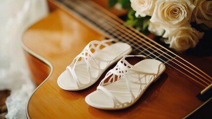 White Sandals Rest on Acoustic Guitar.