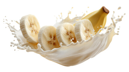 Fototapeta premium Banana Slices Falling into Creamy White Milk Splash on Transparent Background