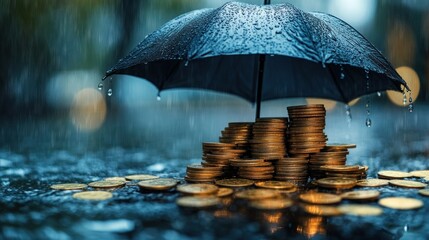 financial security shown as stacks of golden coins shielded from rainfall by an umbrella representing investment protection during economic uncertainty and downturns