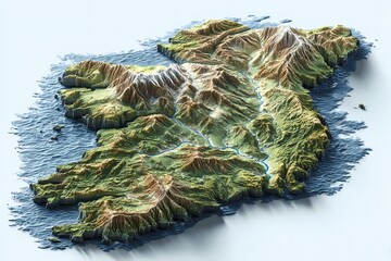 Ireland shown in colorful 3D landscape form featuring hills, valleys, and textured terrain; accurately portraying the island; suitable for atlases, posters, or geographic digital use cases.