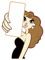 A stylish cartoon illustration of a woman holding up a smartphone, appearing to take a selfie. It captures the essence of self-expression, social media, and modern digital trends.