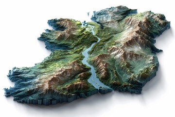 Ireland presented in a hyper-realistic 3D terrain model with detailed elevation, rivers, and cliffs; full island view; ideal for geographic illustration, infographics, and travel-related projects.