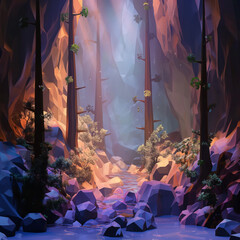 Hidden Forest's Embrace: Deep inside a surreal woodland scene, a serene river meanders through an abstract, low-poly landscape. Ambient light filters through the trees.