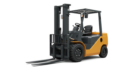 Industrial forklift parked in front of grungy concrete wall background – warehouse logistics and heavy equipment concept