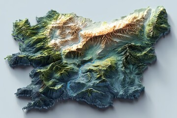 Ireland displayed as a vibrant 3D topographic map with rivers, highlands, and rugged coasts; showing full island geography; perfect for educational, environmental, or tourism visual content.