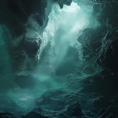 Mystical Cave: An ethereal, detailed view inside a mysterious cavern, where sunlight filters through the opening, creating a soft, otherworldly atmosphere.