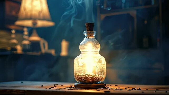 Mysterious potion bottle with glowing contents and rising smoke on a wooden table in a dimly lit room