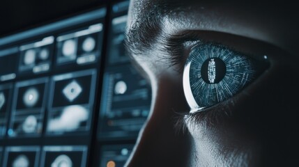 Futuristic vision, Close-up of a digital eye reflecting technology interface