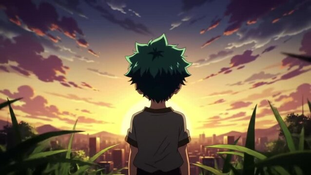 Anime boy standing on hill watching sunset over city with hopeful expression and dramatic sky