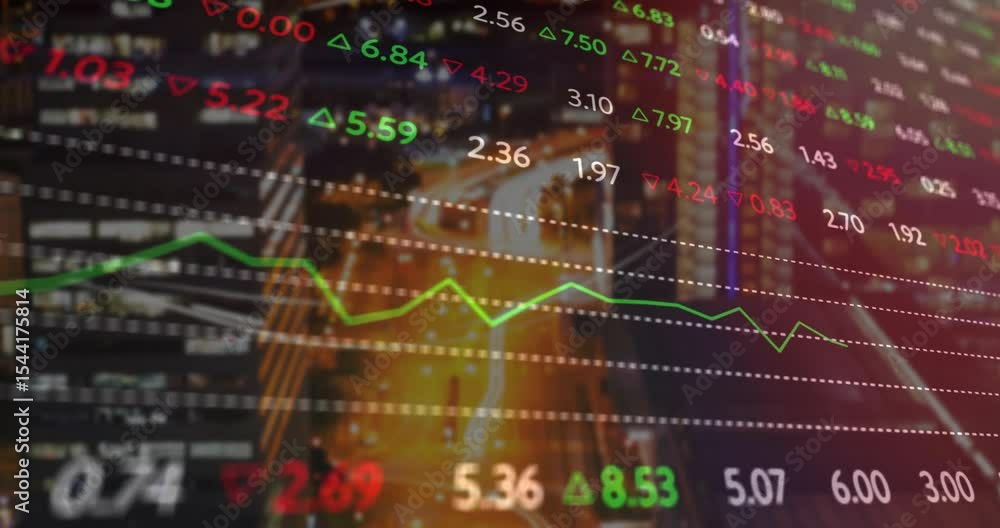 Poster holding aerial dusk view, data overlay updating values and moving graph visualizing market trends