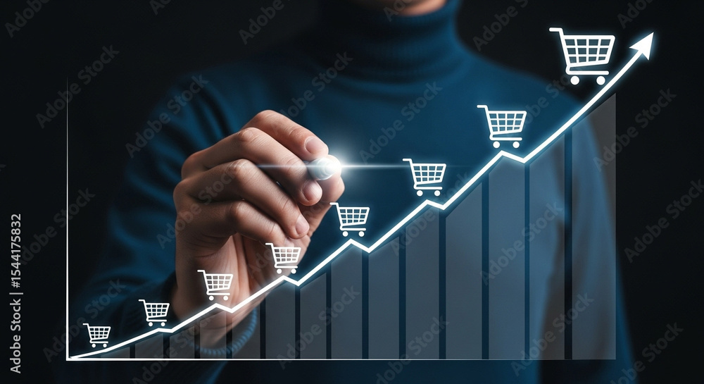 Poster Man drawing an upward trending graph with shopping cart icons on a dark background in a studio shot