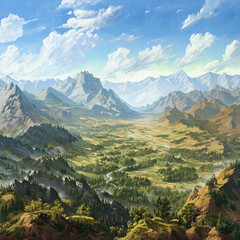 Majestic Mountain Vista: A breathtaking vista of majestic mountain ranges unfolds under a bright blue sky dotted with fluffy white clouds, offering a stunning panorama of nature's grandeur.
