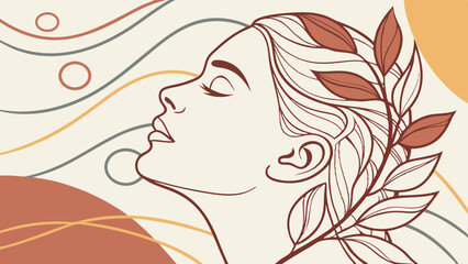 Elegant line art of woman with leaves and abstract shapes for beauty and wellness brand aesthetic design
