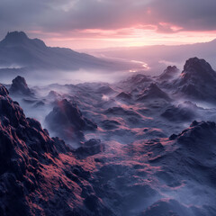 Misty Mountain Majesty at Sunset: A breathtaking panoramic view of a mystical mountain range shrouded in a soft, ethereal mist, with the warm hues of a setting sun painting the sky in vibrant colors.