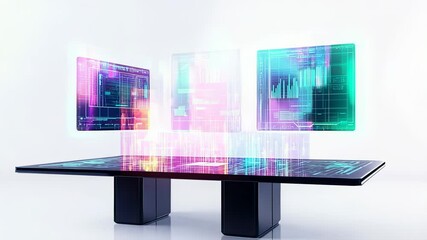Futuristic interactive table with holographic data displays, modern design