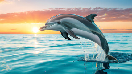 Obraz premium A dolphin leaps from the ocean at sunset with water droplets visible below