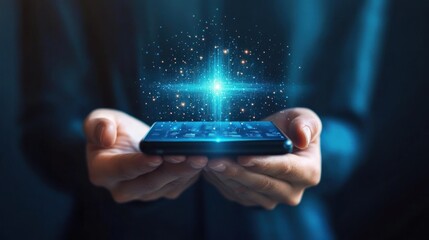 Hands holding smartphone with glowing digital data stream technology