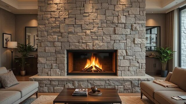 Fireplace surrounded by stone cladding in modern cozy lounge, flickering fire glow