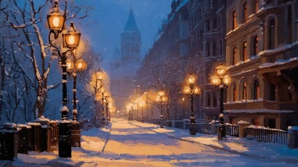 Snowy city street at night, illuminated by warm lamplight