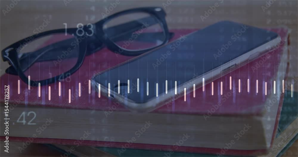 Poster overlay appearing on specs and phone showing data with pulsing bars flowing digits and moving line