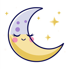 A charming cartoon crescent moon with closed eyes and rosy cheeks, surrounded by twinkling stars, evoking a sense of sweet dreams and nighttime tranquility.